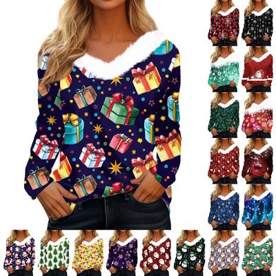 Women's Fashion Long Sleeve Party Casual Plush Collar Christmas Print V Neck Top