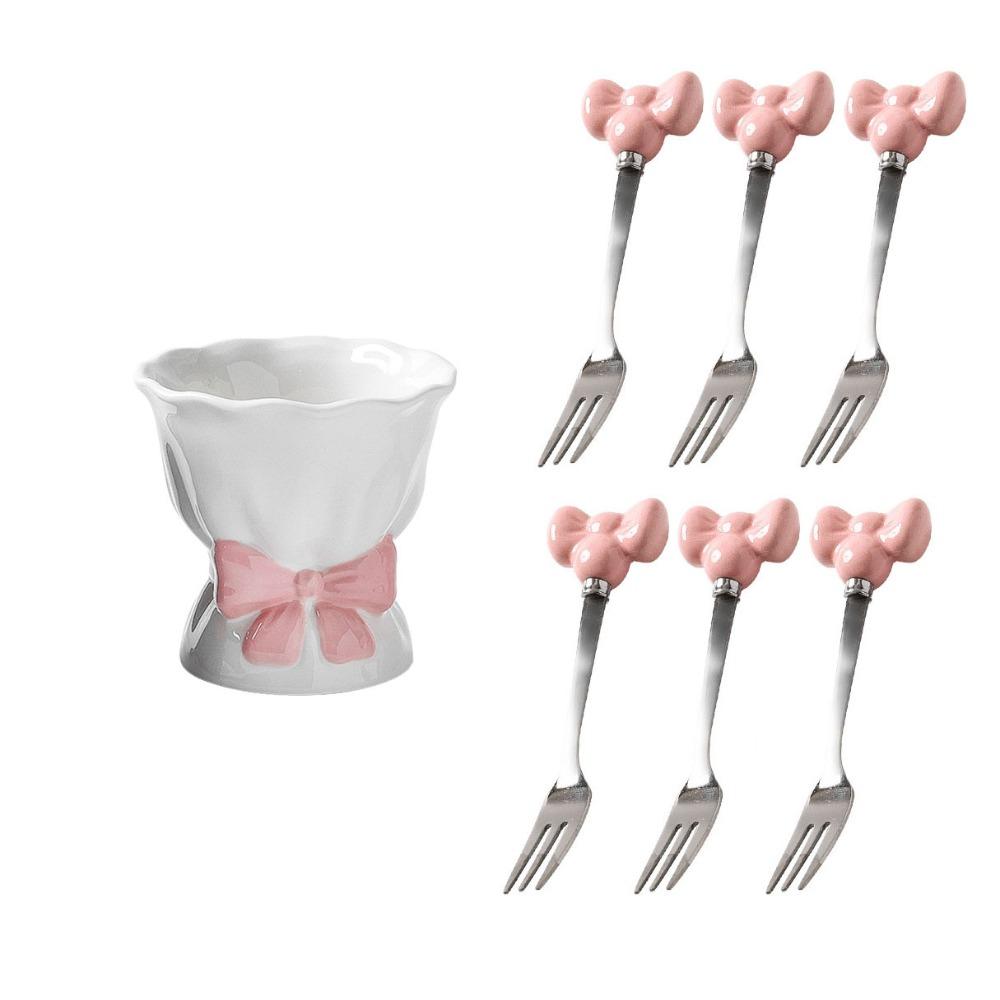 Bowknot Ceramic Fruit Forks Set Ins Style Creative Ceramic Fruit Forks Receipt Jar Solid Color Decorative Stainless Steel Fork