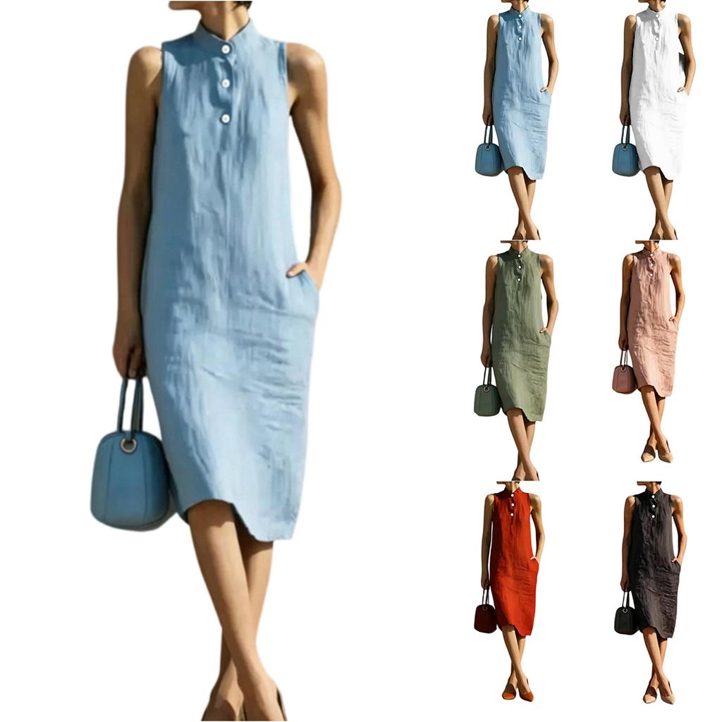 Sleeveless Loose Fit Summer Dress Midi Length Button Front Stand Collar Casual Lightweight Dress for Women
