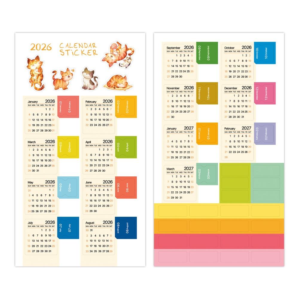 Diy Scrapbook 2026 Calendar Stickers 2 Sheets Cartoon Monthly Planner Stickers Self-adhesive Simple Calendar Tags
