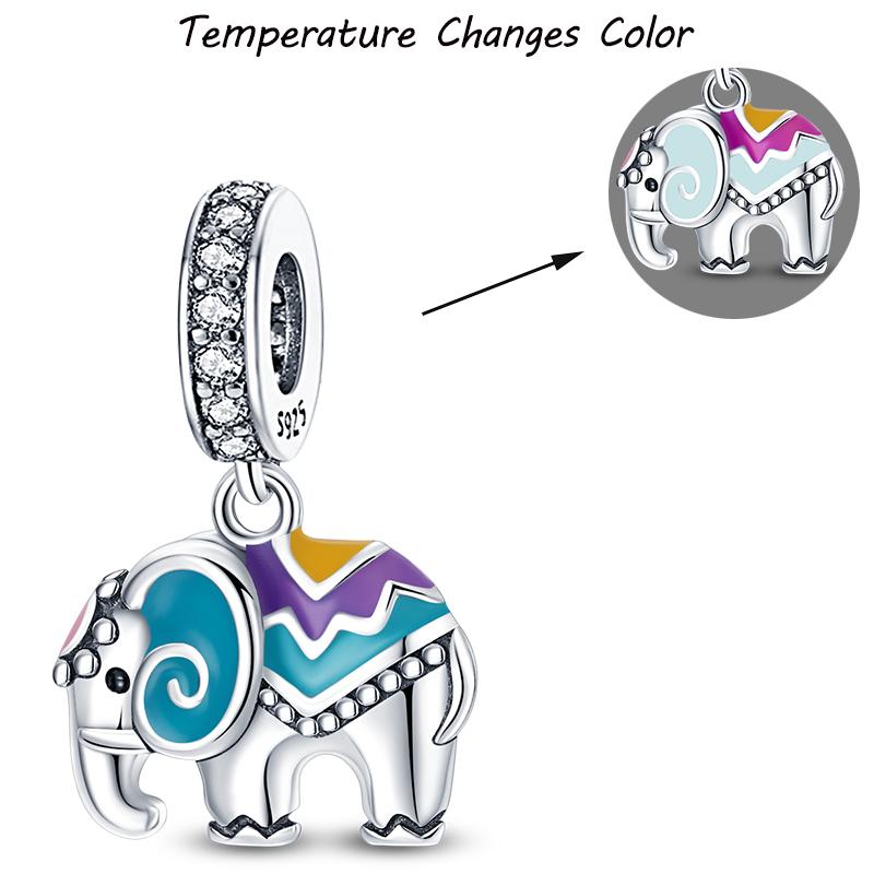 100% S925 Silver Temperature Change Color Chameleon Elephant Trendy Charms Fit Pan Original Bracelets DIY Fine Jewelry Gifts