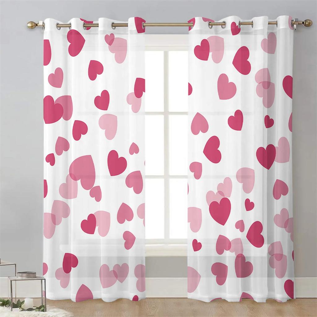 Happy Valentine's Day Love Heart Voile Curtains For Bedroom Tulle Window Curtain For Living Room Sheer Curtains Blinds Drapes2Pc