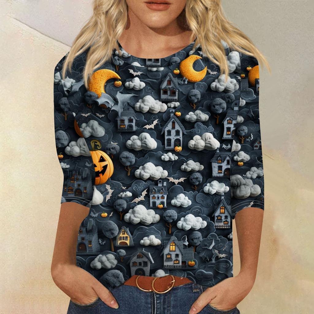 3/4 Sleeve Shirts For Women Cute 3D Halloween Printed Graphic Tees Blouses Casual Plus Size Basic Tops Pullover