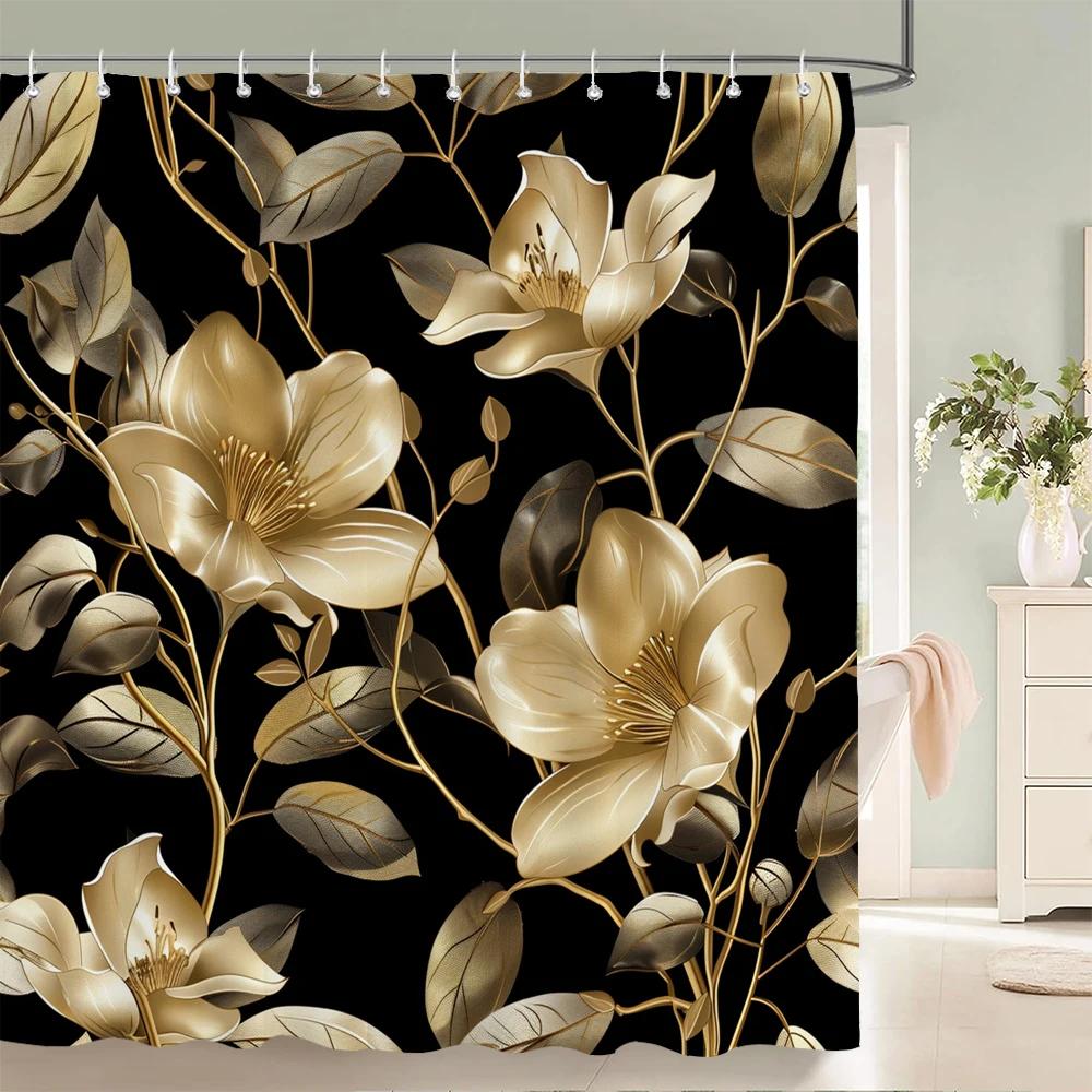 Home shower curtains for bathroom waterproof fabric Black and gold Flower bathroom Curtains with hooks decorative curtain