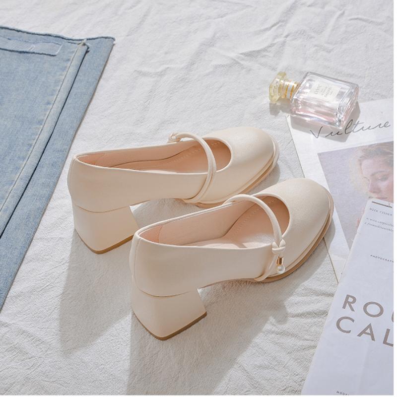 WTEMPO Round Toe High Heels for Women Thick Heels Solid Colors Fashionable and Versatile Fairy Style Soft Soles Comfortable Work Shoes