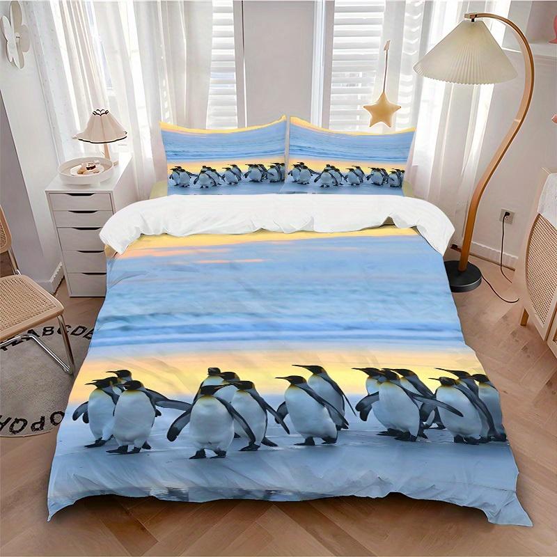 

3pcs set Penguin Beach 1 Quilt Cover + 2 Pillowcases, All Seasons Bedroom Setting, Perfect for Home and Dorm Decor a160 135x200cm