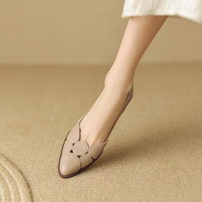 Fashion Leather Hollow-out Sandals Women's New Summer Fashion Mid Heel Shallow Mouth Breathable Women's Shoes Leather Single Shoes