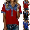Denim Patchwork Hemden für Damen Stehkragen Lässige Bluse Kurzarm Bequemes T-Shirt Frühling Sommer Mode