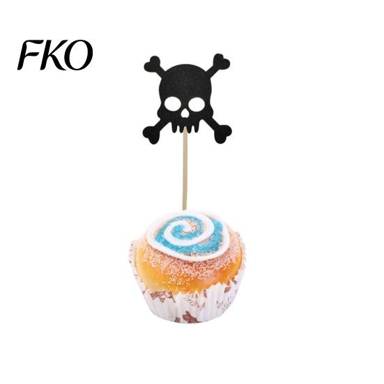Halloween Baking Supplies 8 Pcs Glitter Cupcake Picks, Spooky Black Skull Durable Cake Topper Toppers, Gothic Birthday Party Decoration for
