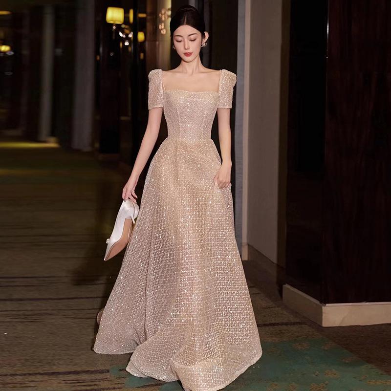 French Wedding Dress 1011 New Bridal Temperament Square Collar Super Fairy Fine Flash Out the Door Yarn Slim and Thin Banquet Evening Dress