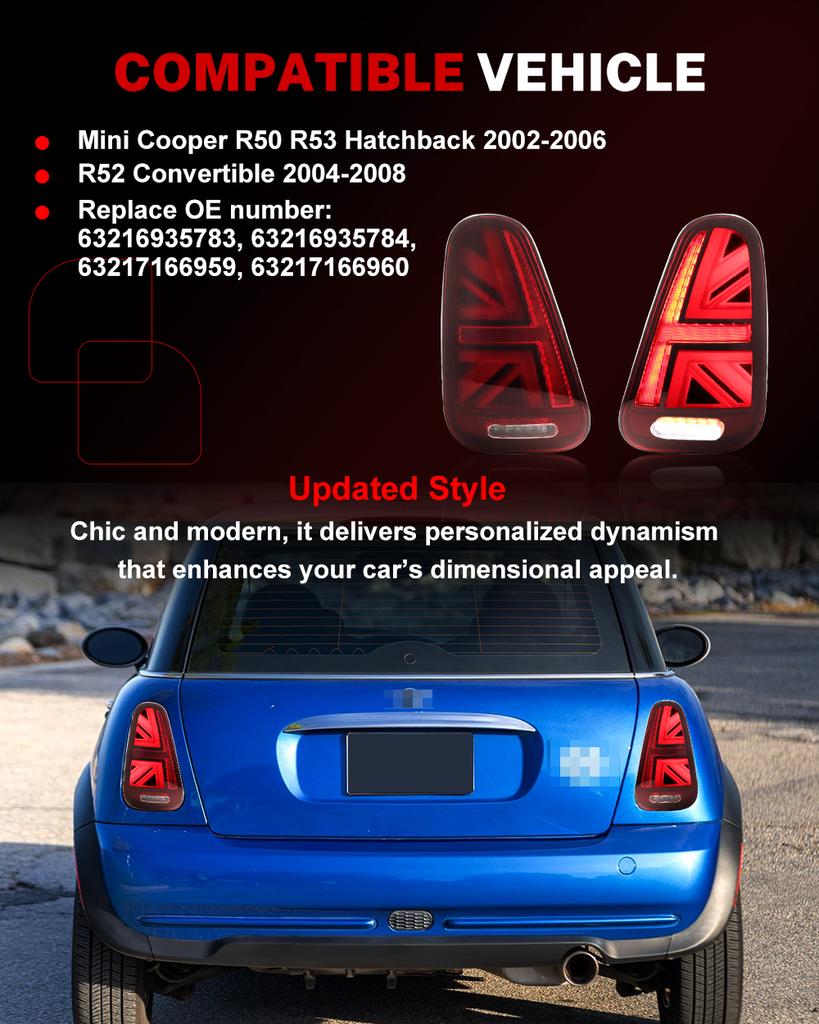 2PCS Tail Lights Assembly For Mini Cooper R50 R52 R53,Union Jack Rear Tail Lamps Tail/Brake & Sequential Blink Turn Signal 01-07