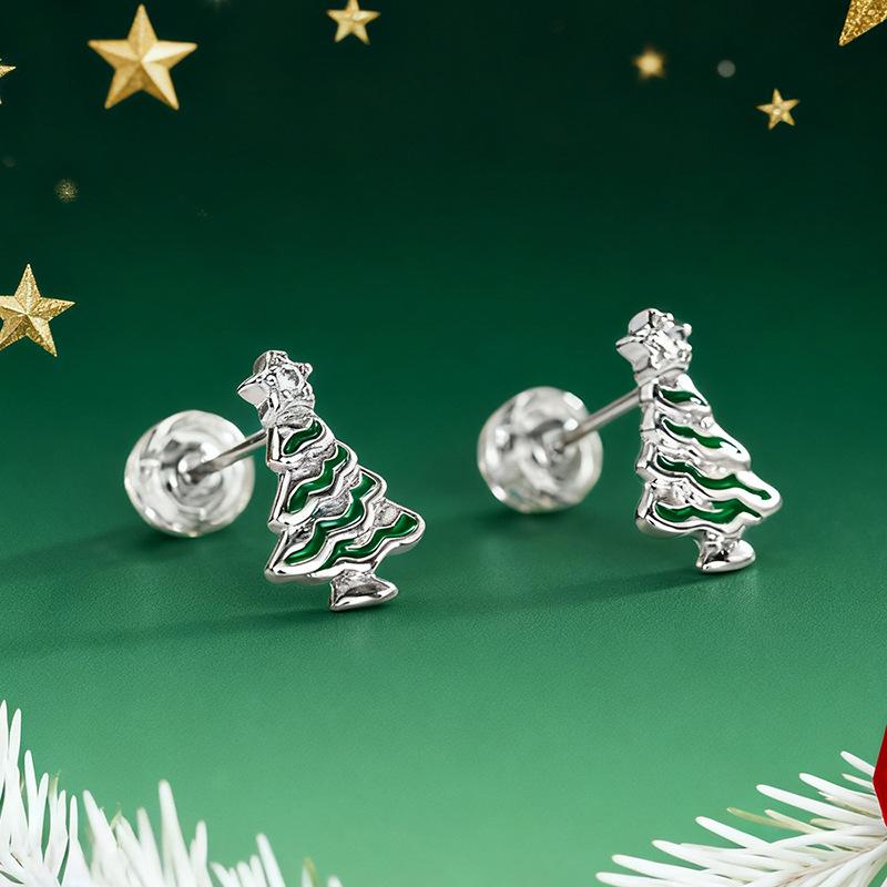 Exquisite and small Korean version of stud earrings for women, painted oil Christmas tree lady jewelry TikTok Christmas jewelry