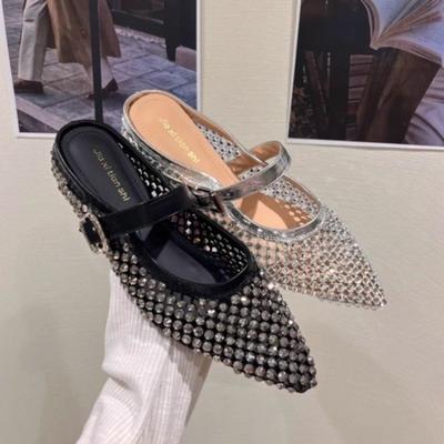Moda Novo 2025 Calçado de Cristal de Luxo Prata Mulheres Sapatilha Feminino Bico Fino Moda Strass Rasas Senhoras Sapatos
