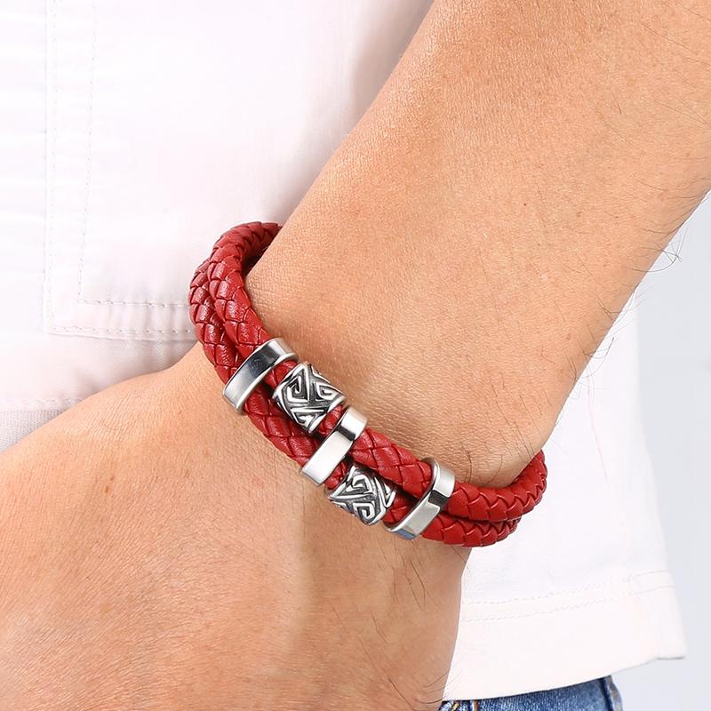 Viking Norse Runes Amulet Double-Layer Stainless Steel Men's Leather Bracelet Norse Mythology Jewelry