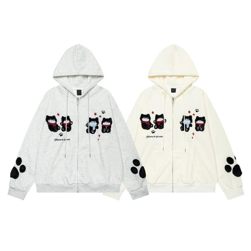 Unisex Oversized Hooded Cardigan With Embroidered Dog Motif Casual Cotton Sweatshirt Loose Fit