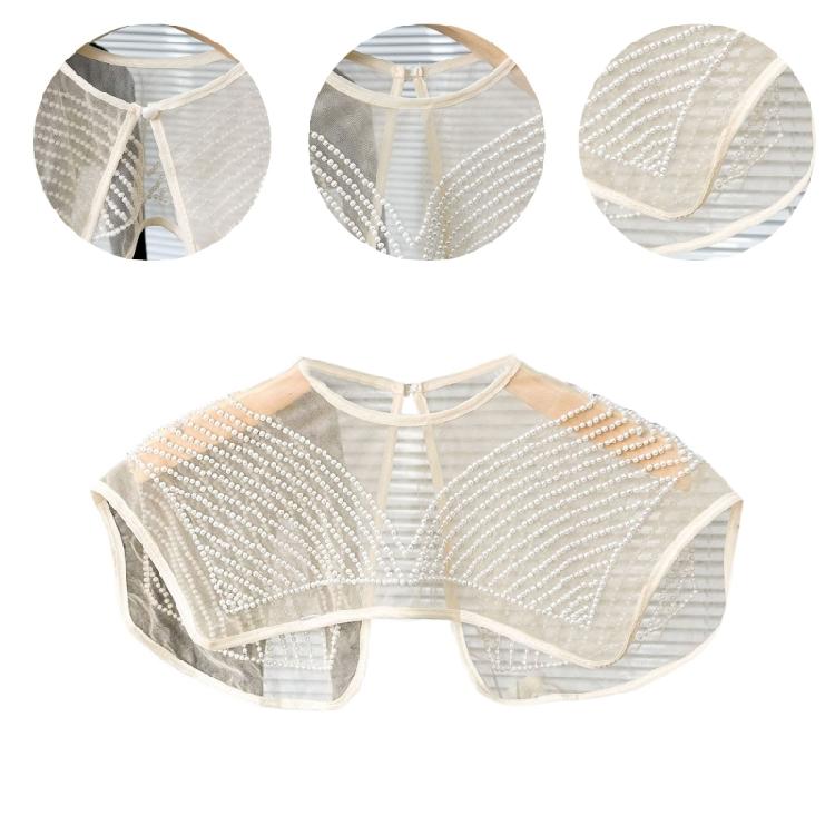 Perspective Sheer Mesh Mini Capelet Women Pearls Beading Fake Collar Shawl Scarf