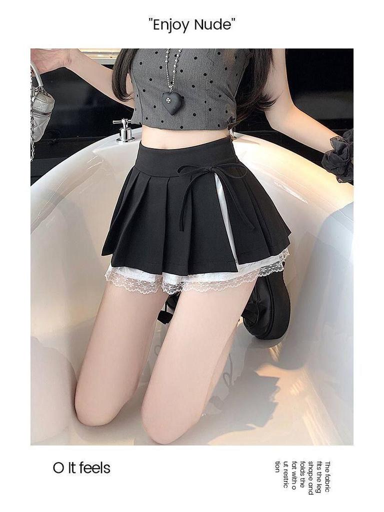 Sweet Pleated A-Line Mini Skirt with Lace Patchwork, High-Waisted and Anti-Exposure, 2025 Summer Collection