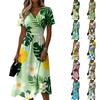 Abito midi casual da donna con stampa hawaiana, scollo a V, maniche corte, vita elasticizzata e gonna svasata, adatto per l'abbigliamento da spiaggia estivo e l'uso quotidiano