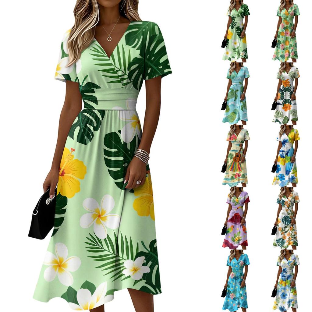 Abito midi casual da donna con stampa hawaiana, scollo a V, maniche corte, vita elasticizzata e gonna svasata, adatto per l'abbigliamento da spiaggia estivo e l'uso quotidiano