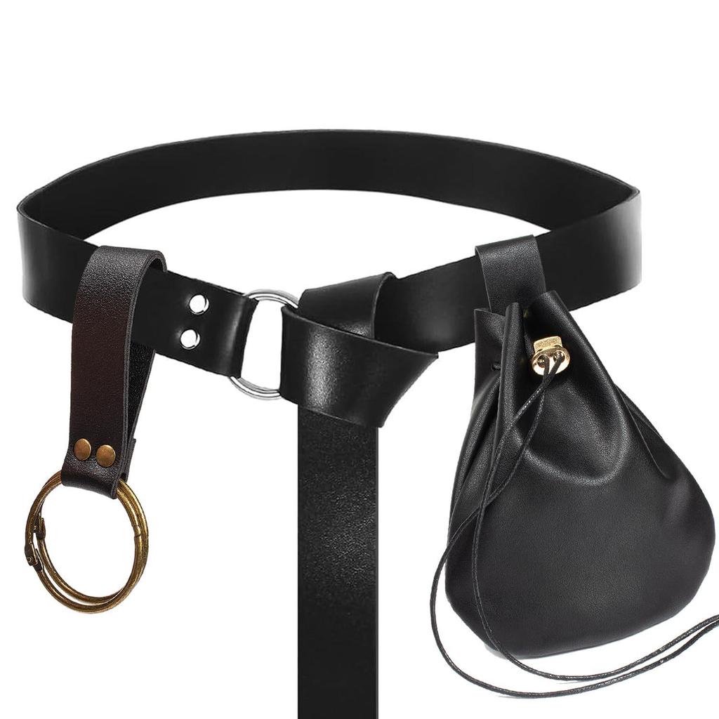 Medieval Leather Waistband Belt with Cord and Pouch