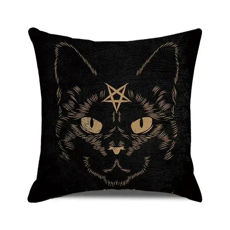 Gothic Black Cat Skull Cushion Cover Witchy Pentagram Tarot Peach Skin Throw Pillowcase For Sofa Living Room Halloween Decor
