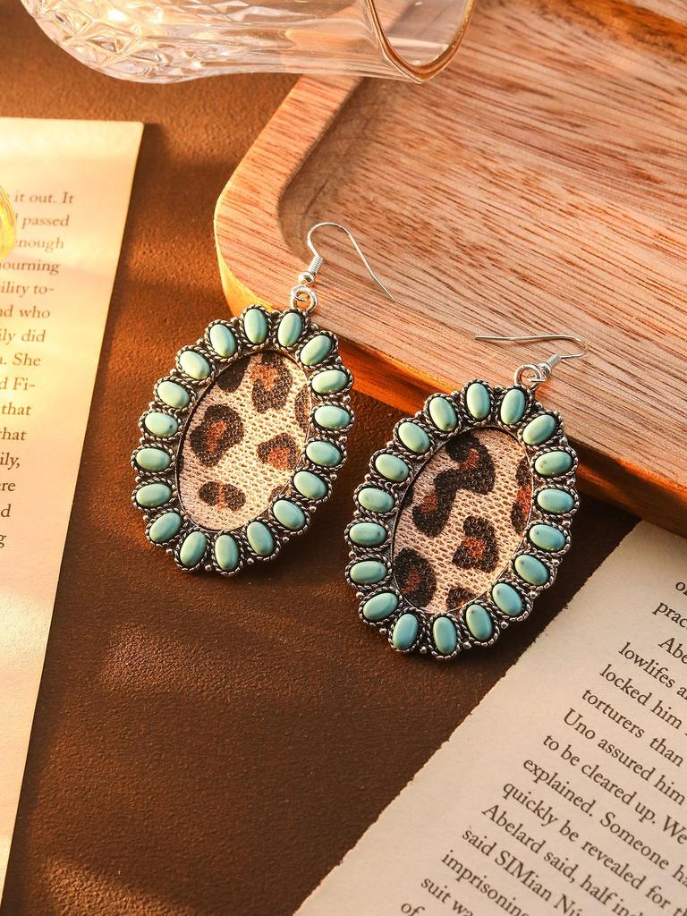 Fashion Retro Bohemian Turquoise Leopard Print Pendant Earrings Ethnic Style Long Earrings