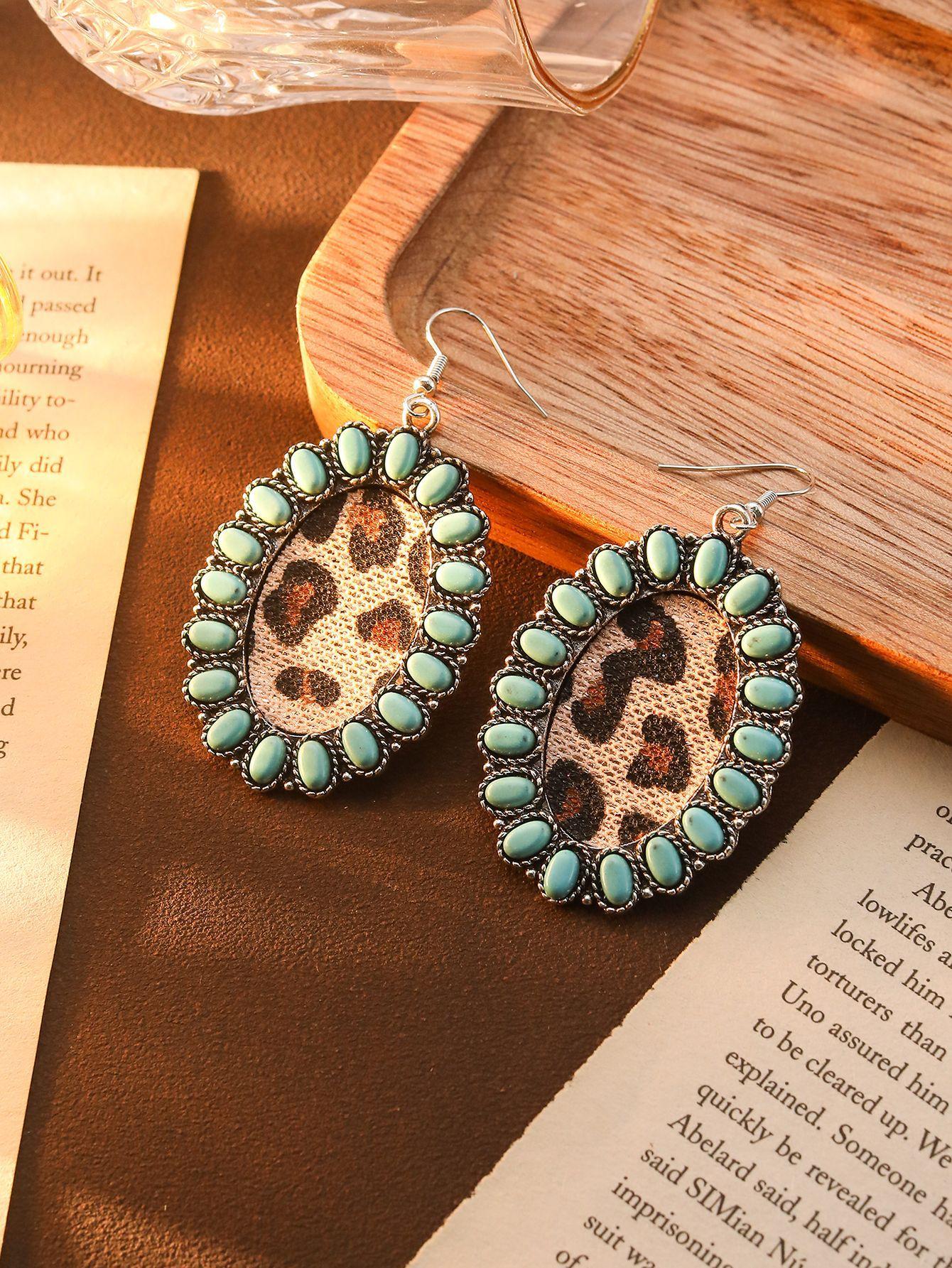 

Fashion Retro Bohemian Turquoise Leopard Print Pendant Earrings Ethnic Style Long Earrings