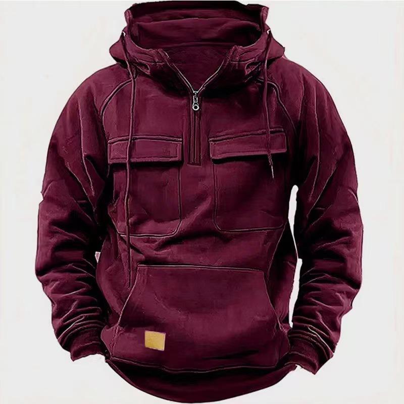 New Autumn and Winter Men Hooded Solid Color Sweatshirt Sports Multi Pocket Versatile Jacket