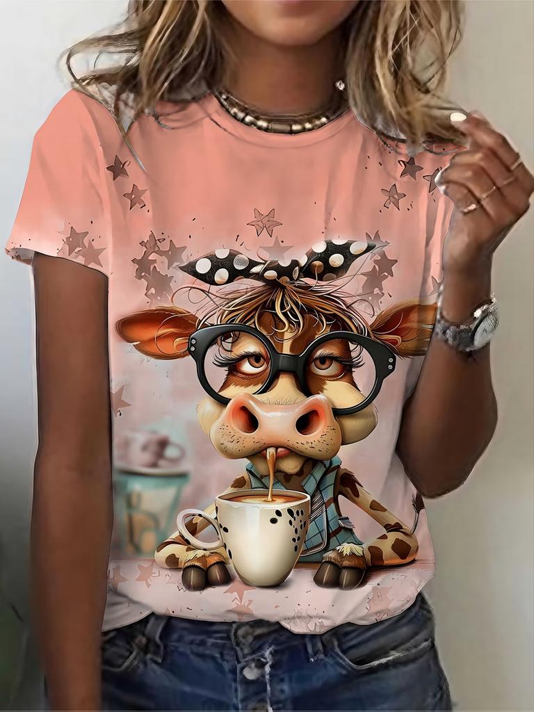 Rundhals Kurzarm Aquarell Giraffe Blumendruck T-Shirt Damen Outfits Lässig Tägliche Kleidung Sommer Damenkleidung