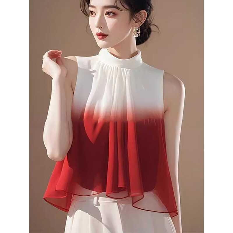 Unique Gradient Blouse Women Elegant French Sleeveless Chiffon Shirt Stylish Casual Summer Top
