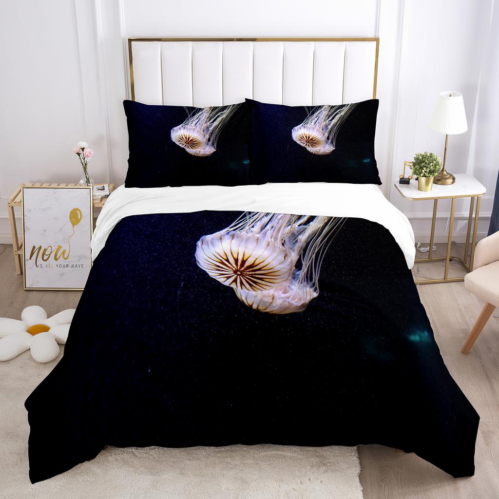 Jellyfish Duvet Cover Set Blue Sea Wild Animals Theme King Queen Size for Kids Teens Adult Polyester Bedding Set with Pillowcase