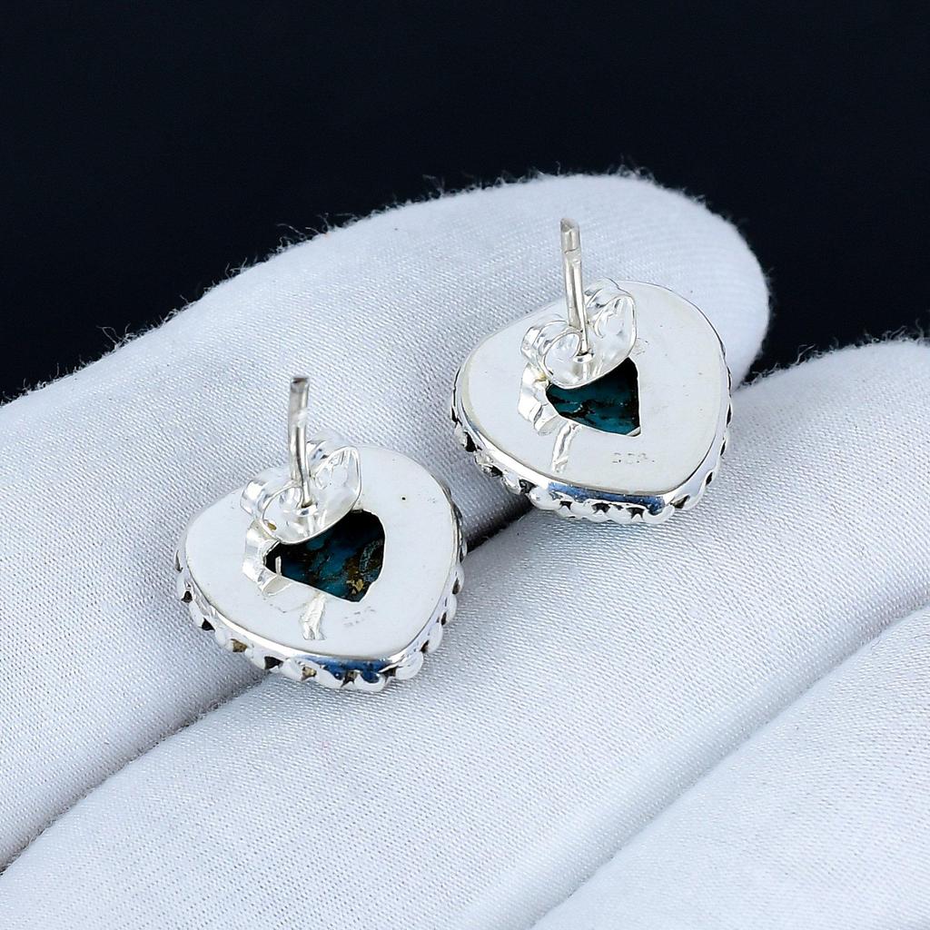 Blue Spiny Turquoise Earrings | 925 Sterling Silver Stud Earrings | Handmade Gemstone Love Studs Heart Earrings | Boho Jewelry Birthday Gift