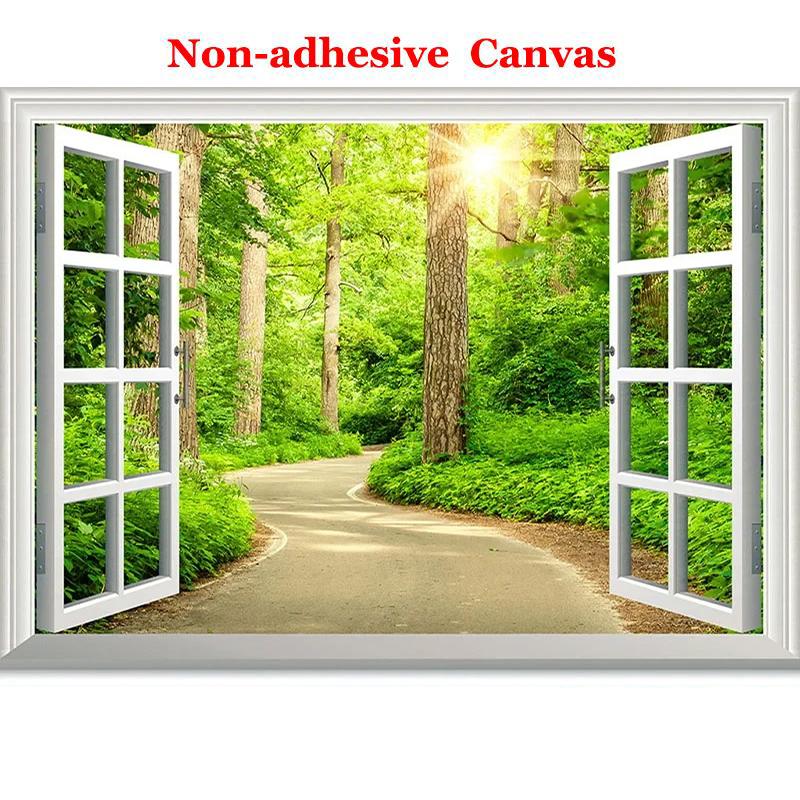 

3D Photo Wallpaper Green Sunshine Forest Road Window Nature Landscape Wall Mural Living Room Sofa TV Background Wallpaper 300cm (W) x 200cm (H)