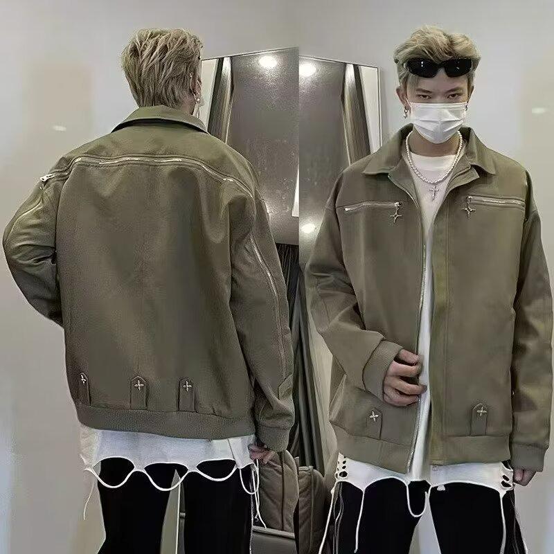 2025 American Retro Men's Workwear Style Metal Zipper Jacket – Trendy, Loose, and Versatile Design