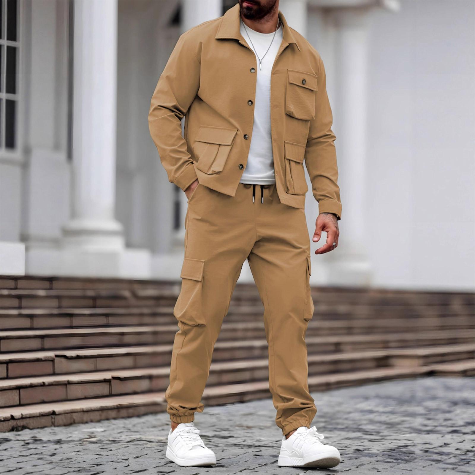 

Men s Solid Color Retro Work Jacket Multi Pocket Trousers Trendy Tough Suit XL хакі