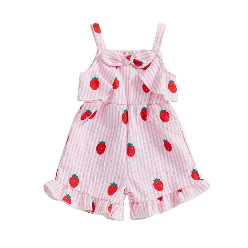 

Kid Girls Overalls Jumpsuit Summer Baby Girls Stripes Strawberry Cherry Print Romper Clothes for Children 2-3Y розовый