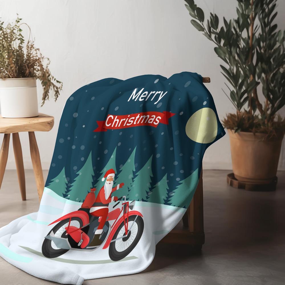 

Motorcycle Christmas Blanket Santa Claus Throw Warm Cozy Gift Holiday Festive Home Decor Reindeer Motorcycle Gift for Men Women 75x90cm