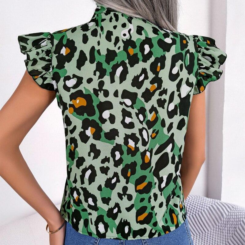 Sommer Ärmelloses Shirt Lässige Mode Leopard Print Bluse Süße Spitze-up Bogen Kragen Chiffon Tops Frauen Lose Kleidung 28622