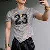 INCERUN Men O Neck Short Sleeve Letter Print Lace Patchwork Irregular Tops T-shirts