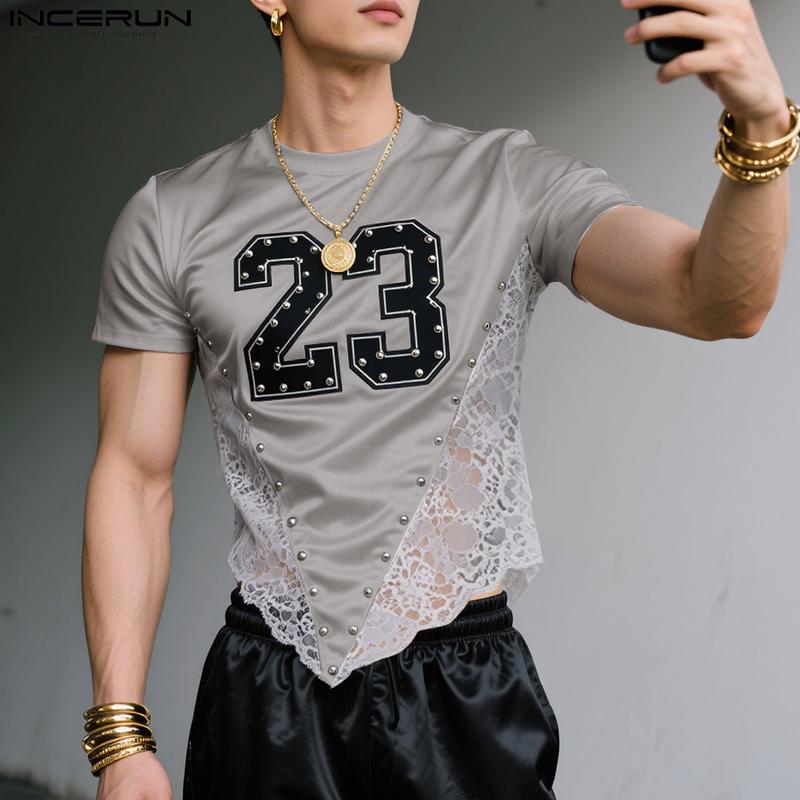 INCERUN Men O Neck Short Sleeve Letter Print Lace Patchwork Irregular Tops T-shirts