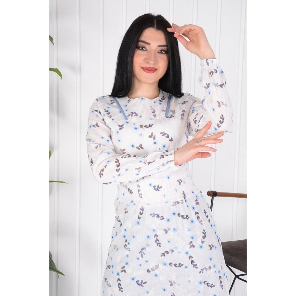 Long Hijab Elastic Waist And Embroidered Dress / Blue Flower Embroidery (brode) Slim Fit Buy A Larger Size