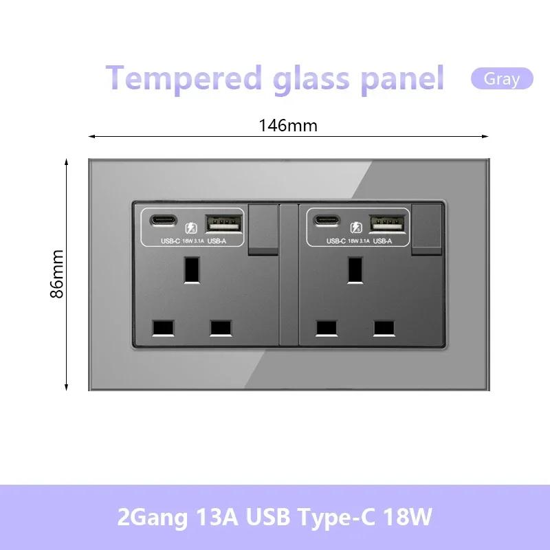 UK 13A 220V Dual Outlet with 18W Type-C Quick Charge,1/2 Way Light Switch Panel, Tempered Glass Surface,Wall Socket for TV/Phone