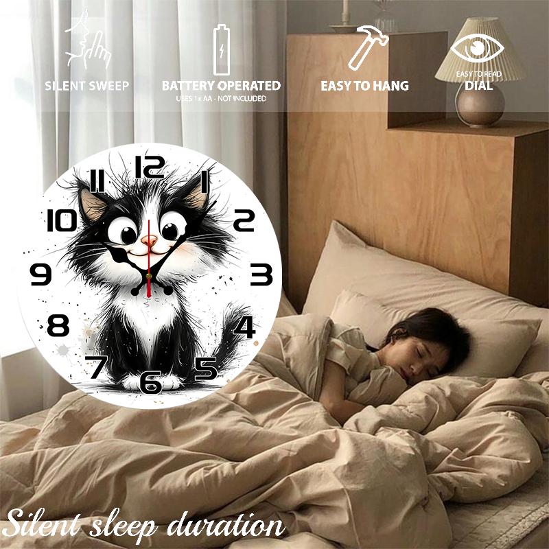 Adorable Kitten Wooden Round Silent Hanging Wall Clock, Suitable For Living Room, Office, Study Room, Bedroom, Home Decoration