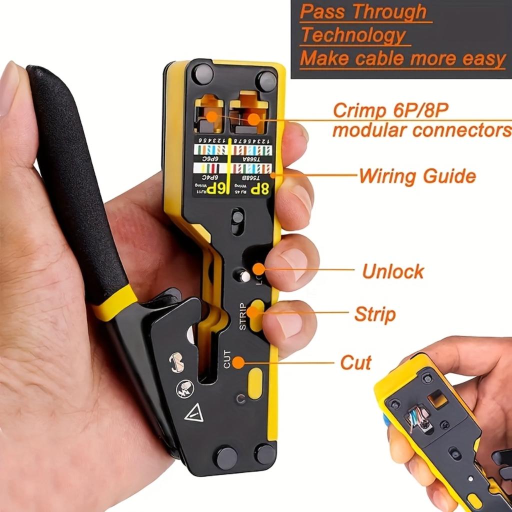 8P6P Multi-Function Dual-Use Network Cable Crimper, CAT6 Pass Through Ez Crimping Tool, Cat5e Cat6 Rj45 Rj11 LAN Phone Crimp Pliers