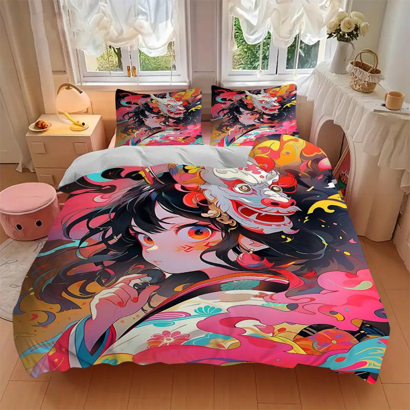 3pcs Whimsical Dragon Mask Quilt Set Cartoon Themed Bed Quilt Set Lovely Character Bedroom Decor Bed Quilt Set Four Seasons (1 Cover + 2Pillowcas