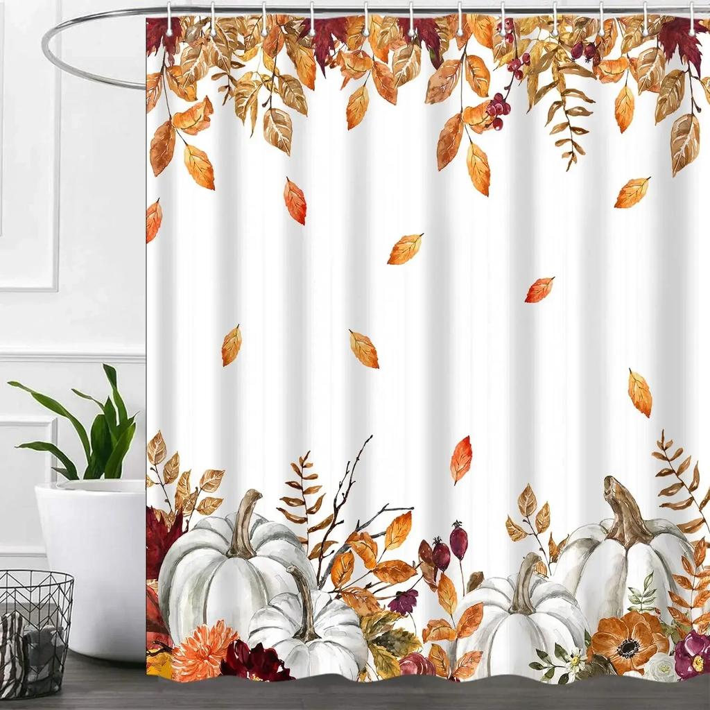 Fall Shower Curtains Brown Window Pumpkin Haystack Sunflower Maple Leaves Forest Autumn Home Bathroom Curtain Decor with Hooks