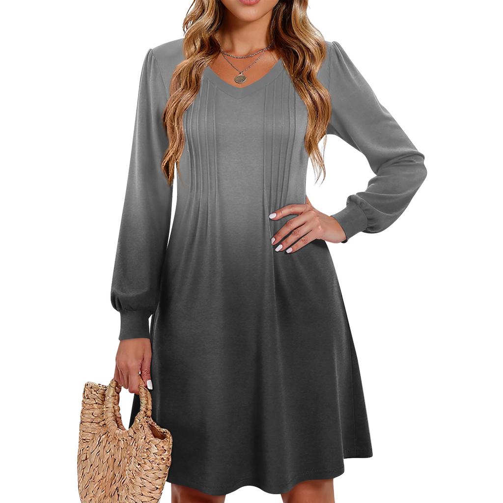 Ladies' Printed Casual And Fashionable V-neck Long Sleeved Mid Length Dress