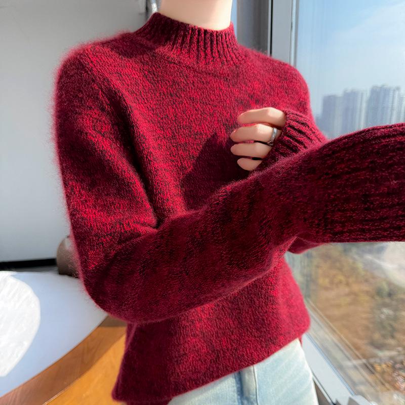 Women's Chunky Knit Wool Sweater, Half High Neck, Long Sleeve, Marled Yarn, Loose Fit Jumper