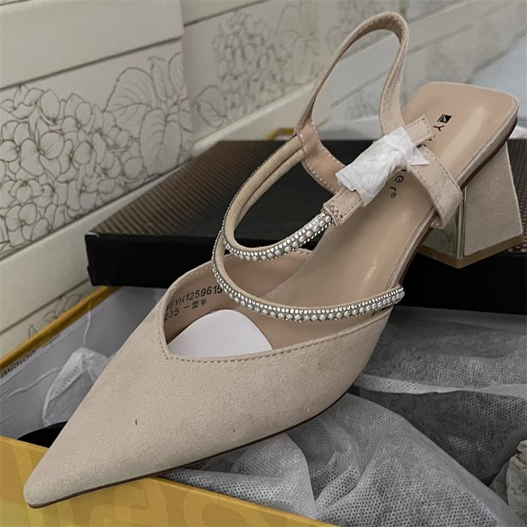 Fashion Female Sandal Shallow Mouth Retro Woman Shoes Block Heels Girls Pointed Original Real Comfort Chunky Closed Scandals Genuine Lea