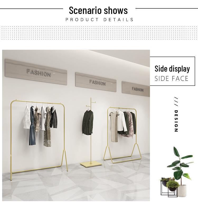 Gold Women's Clothing Display Stand - Floor-Standing Hanger Rack with Side Hooks